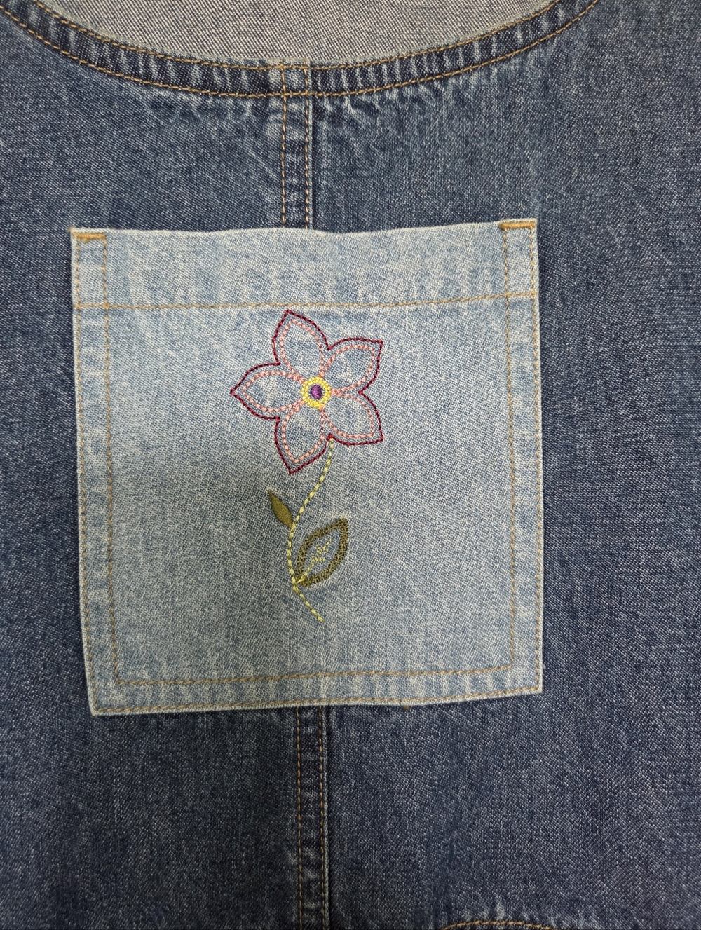 Blue denim patchwork floral embroidered Maxi Dress Teachercore Cottagecore Boho - Picture 4 of 8